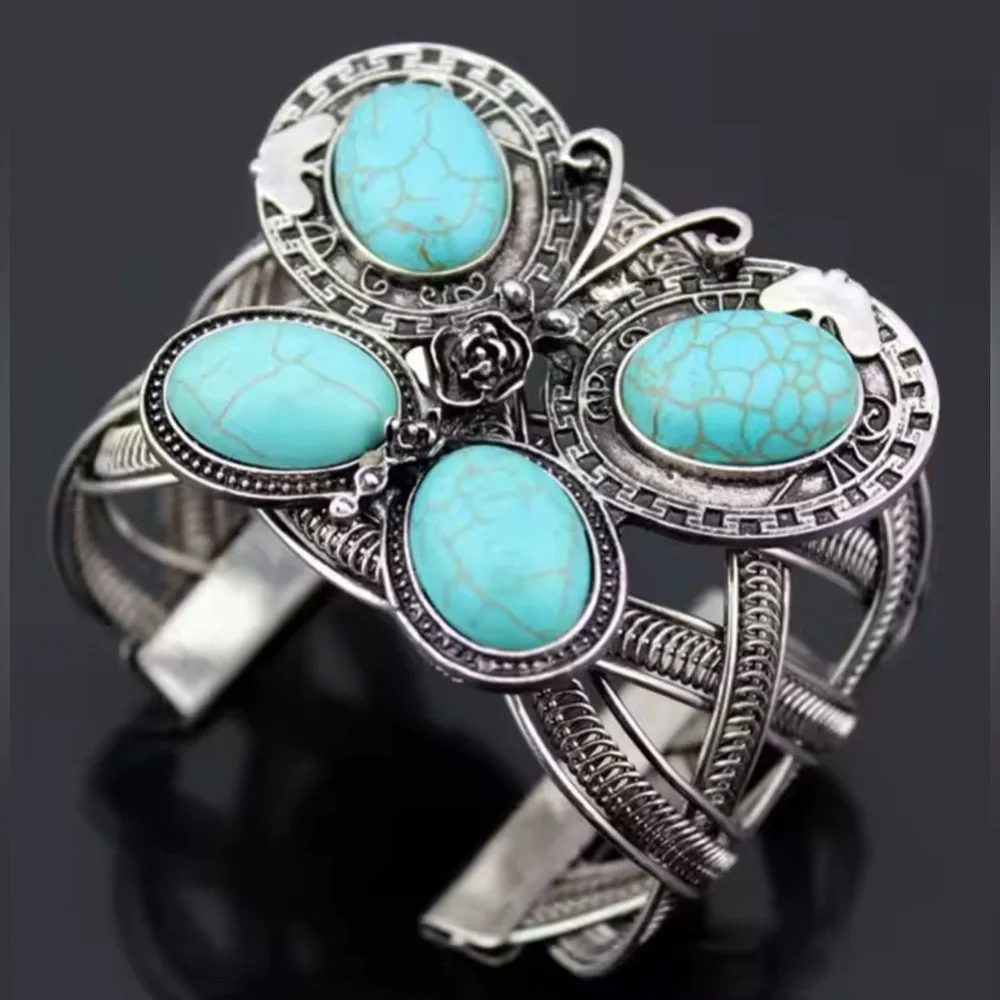 Turquoise and Silver Women's butterfly Bracelet - Picture 1 of 5